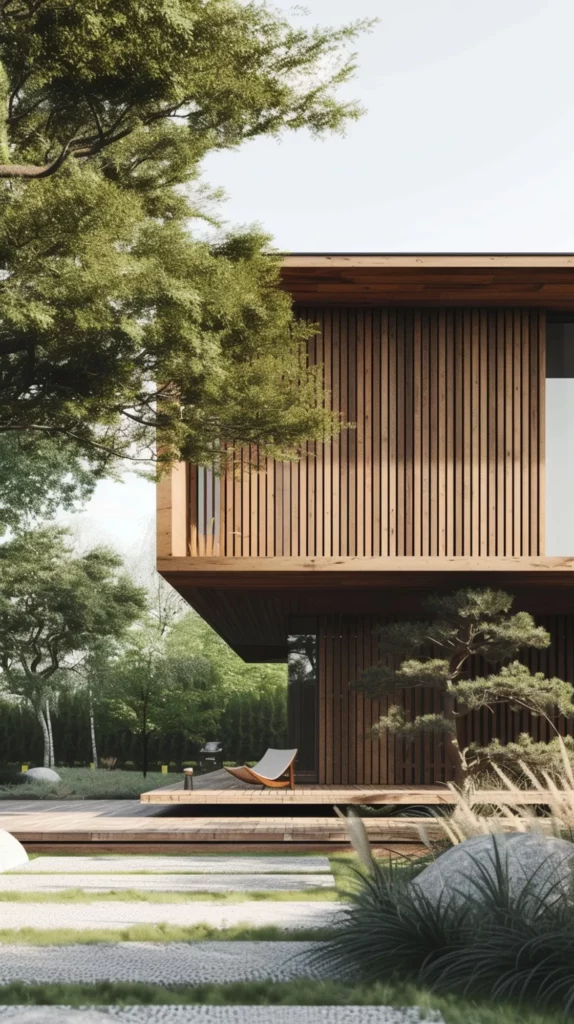 Maison modulaire en bois écologique Solvia à étage, intégrée dans un environnement naturel arboré avec terrasse et façade en lames de bois, en France