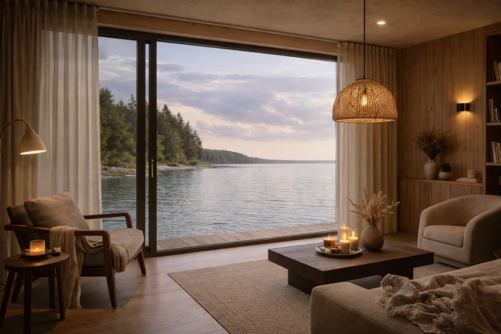 Intérieur de maison modulaire en bois Solvia avec salon chaleureux, grandes baies vitrées et vue sur l’eau dans un cadre naturel