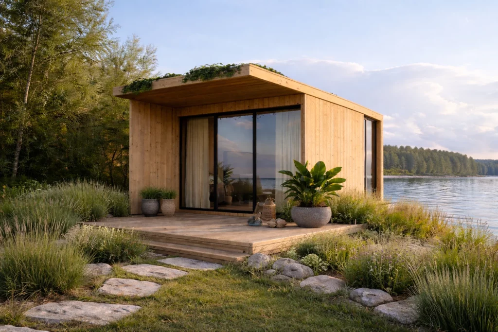 Maison modulaire en bois Solvia au bord de l’eau avec terrasse, grandes baies vitrées et intégration paysagère naturelle