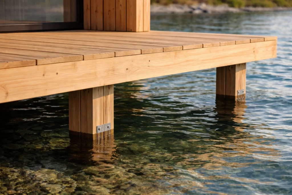 Détail de terrasse modulaire en bois Solvia sur pilotis au-dessus de l’eau avec structure résistante et finition naturelle