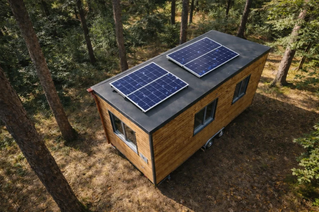 Maison modulaire mobile en bois Solvia vue du dessus avec panneaux solaires installés sur le toit en environnement forestier