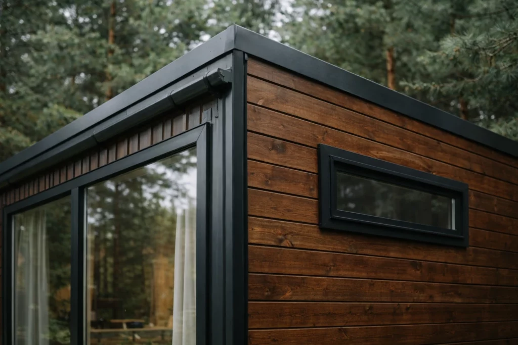 Détail de façade d’un module Solvia en bois avec bardage horizontal, encadrements noirs et fenêtre étroite, intégré en milieu forestier