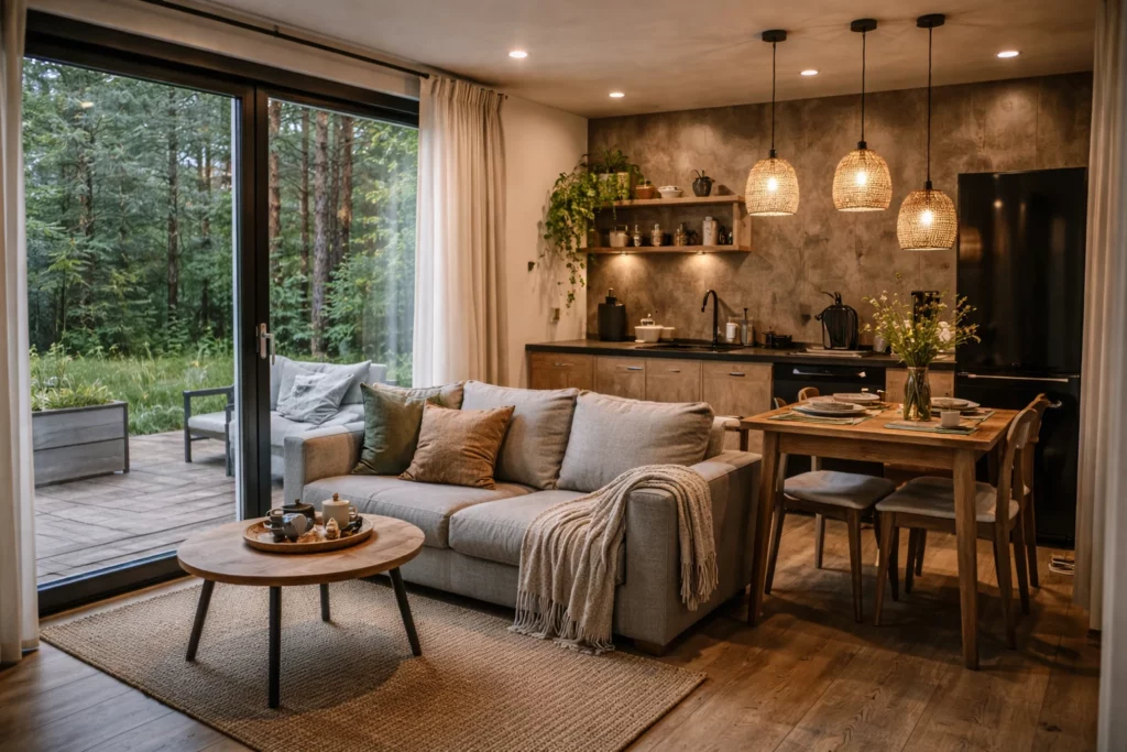 Intérieur chaleureux d’une maison modulaire Solvia avec salon, cuisine ouverte en bois et grandes baies vitrées donnant sur la forêt