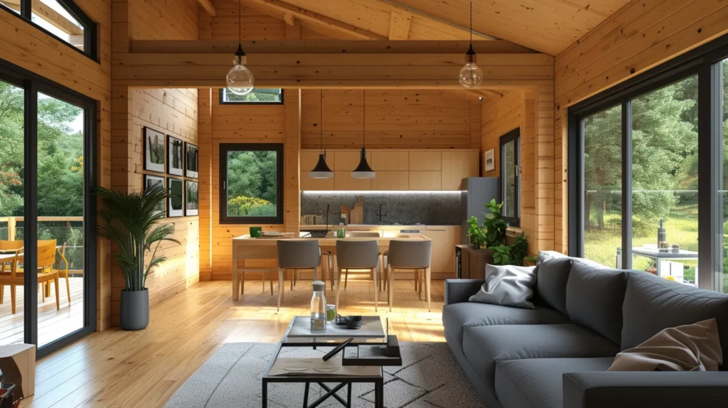Intérieur lumineux d’une maison modulaire en bois écologique Solvia, avec salon contemporain, cuisine ouverte et grandes baies vitrées donnant sur un environnement naturel verdoyant en France