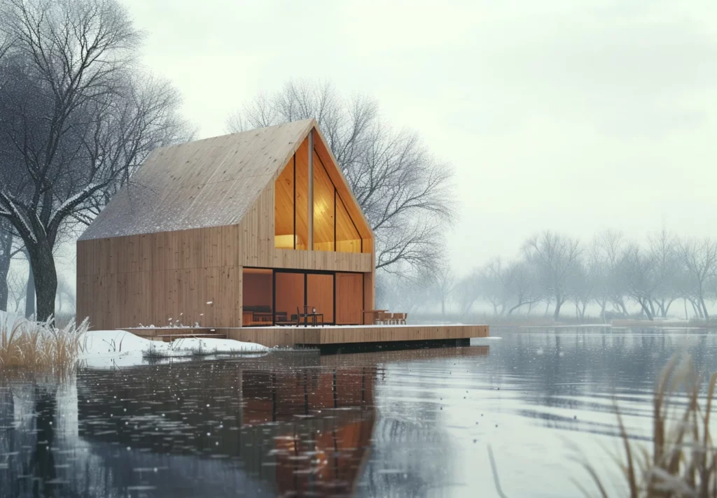 Maison modulaire en bois écologique Solvia de type lodge floating, installée sur l’eau en hiver, avec terrasse en bois et grandes baies vitrées dans un environnement naturel calme en France