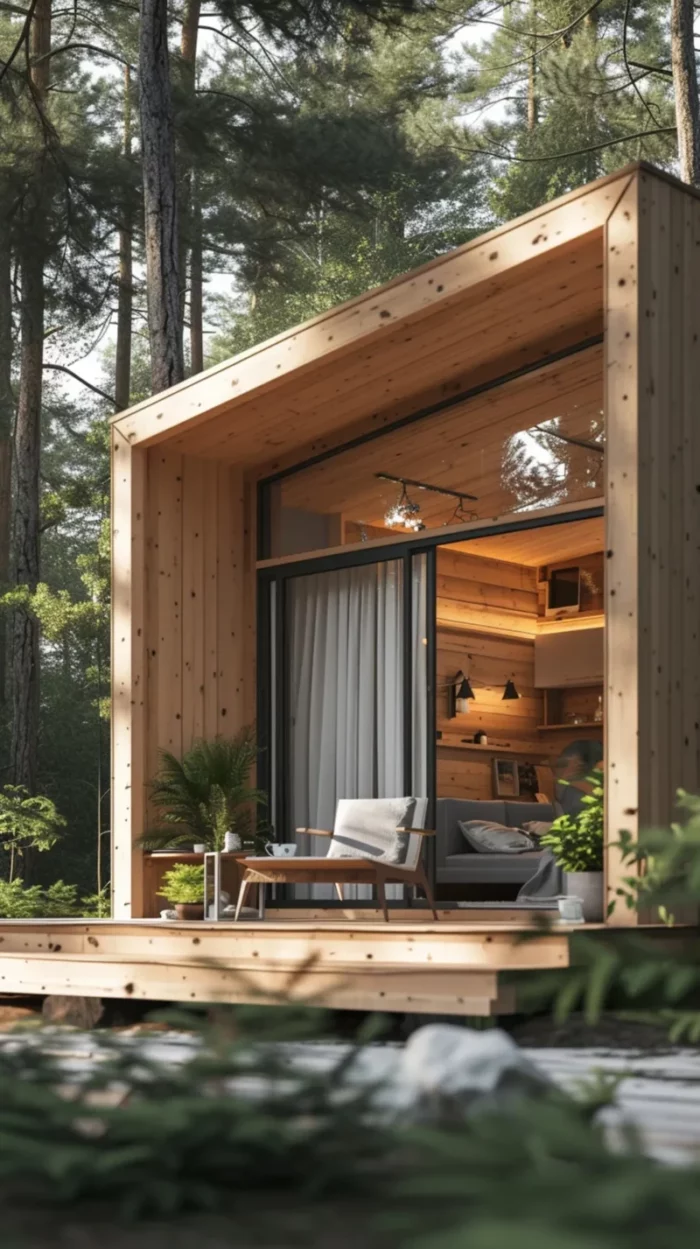 Maison modulaire en bois écologique Solvia avec terrasse et grande baie vitrée, intégrée dans un environnement forestier naturel en France