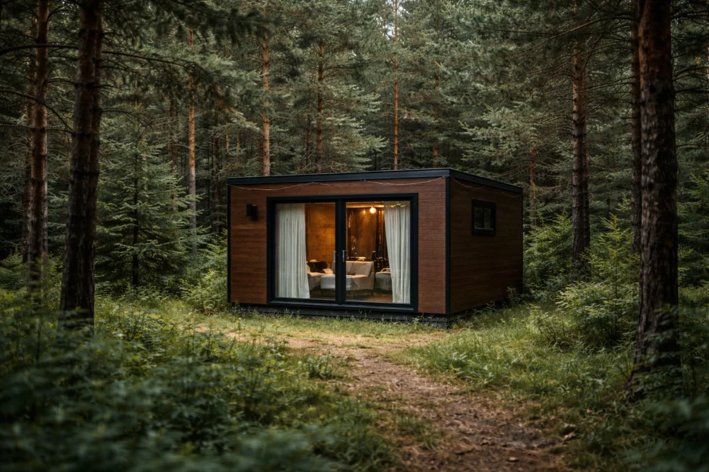 Maison modulaire en bois Solvia installée en forêt avec grandes baies vitrées, éclairage intérieur chaleureux et intégration naturelle dans l’environnement