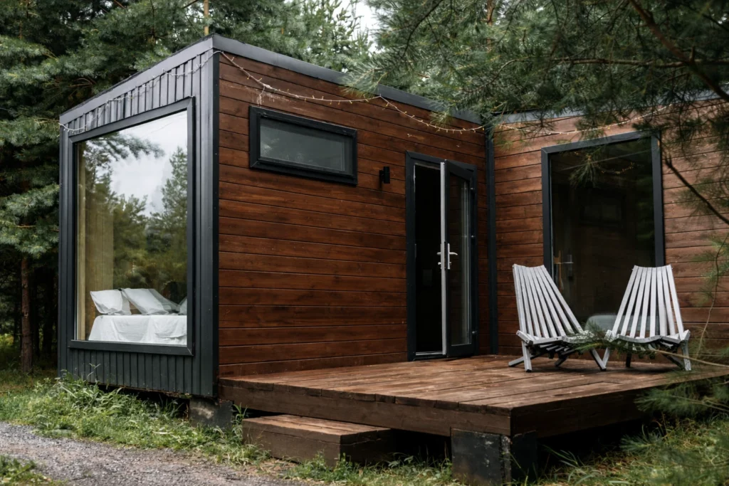 Maison modulaire en bois Solvia avec terrasse extérieure, grandes baies vitrées et espace détente intégré en milieu forestier