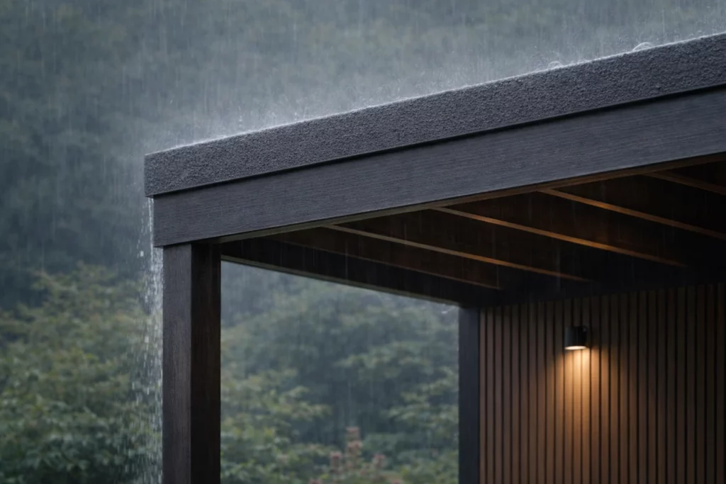 Détail de toiture d’une maison modulaire Solvia en bois sous la pluie avec structure couverte et éclairage extérieur intégré