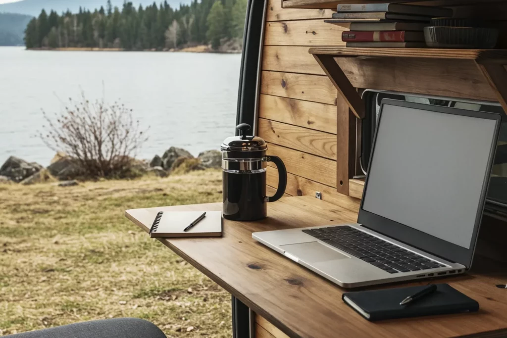 Espace de travail intérieur dans une maison modulaire Solvia en bois avec bureau, ordinateur portable et vue sur la nature