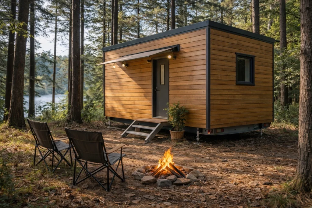Maison modulaire mobile en bois Solvia en milieu forestier avec espace extérieur, feu de camp et assises de détente