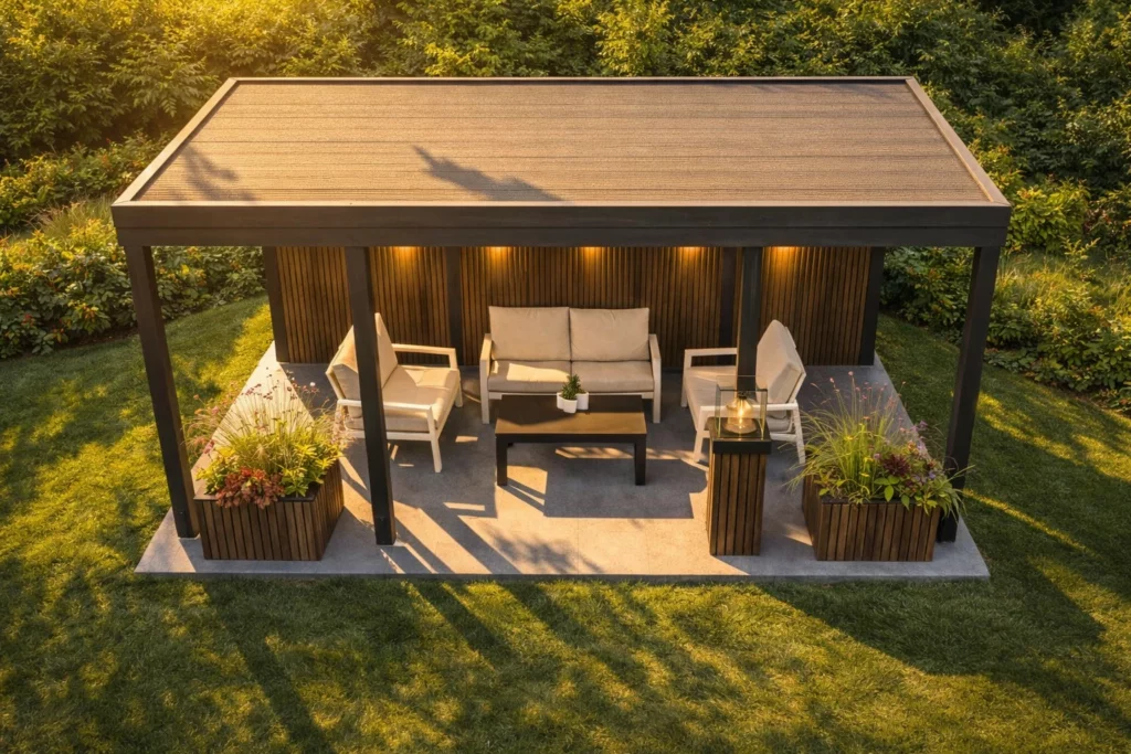 Terrasse modulaire en bois Solvia vue du dessus avec mobilier extérieur, bacs végétalisés et structure couverte intégrée au jardin